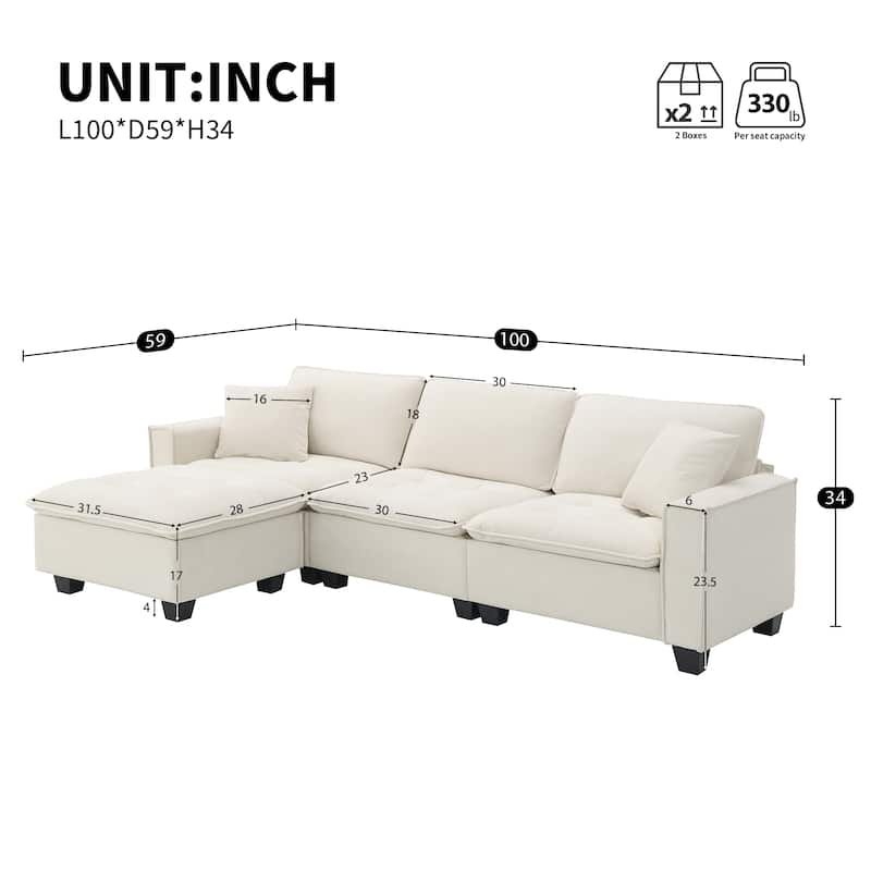 100" L-Shaped Suede Sectional Sofa with Ottoman and Pillows, 4-Seater Sleeper