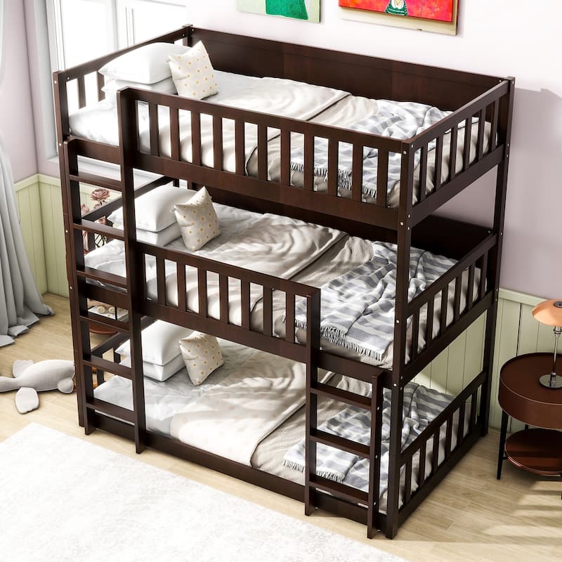 Triple Twin Size Rubber Wood Bunk Bed with Ladders and Guardrails, Detachable, Espresso