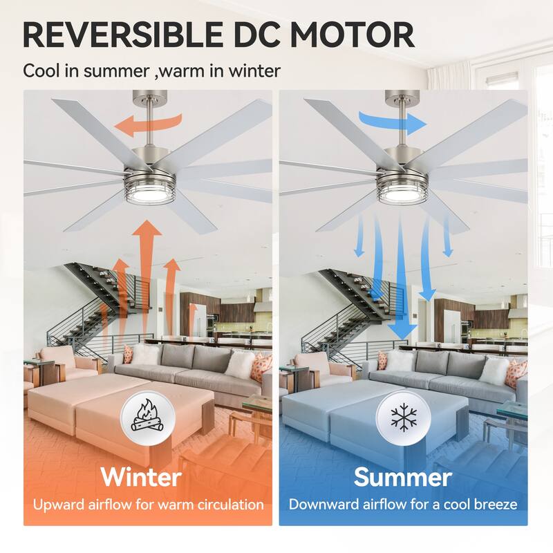 72/52-inch Reversible 8/5-Blade Dimmable LED Ceiling fan with Light and Remote