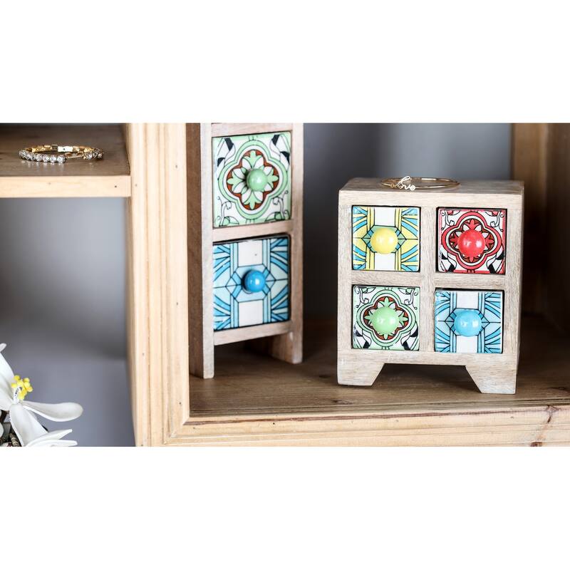 Square White Lattice-Patterned 4-Drawer Ceramic Jewelry Box - Multi