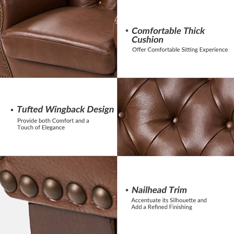 Burt Traditional Genuine Leather Accent Chair with Tufted Wing Back by HULALA HOME