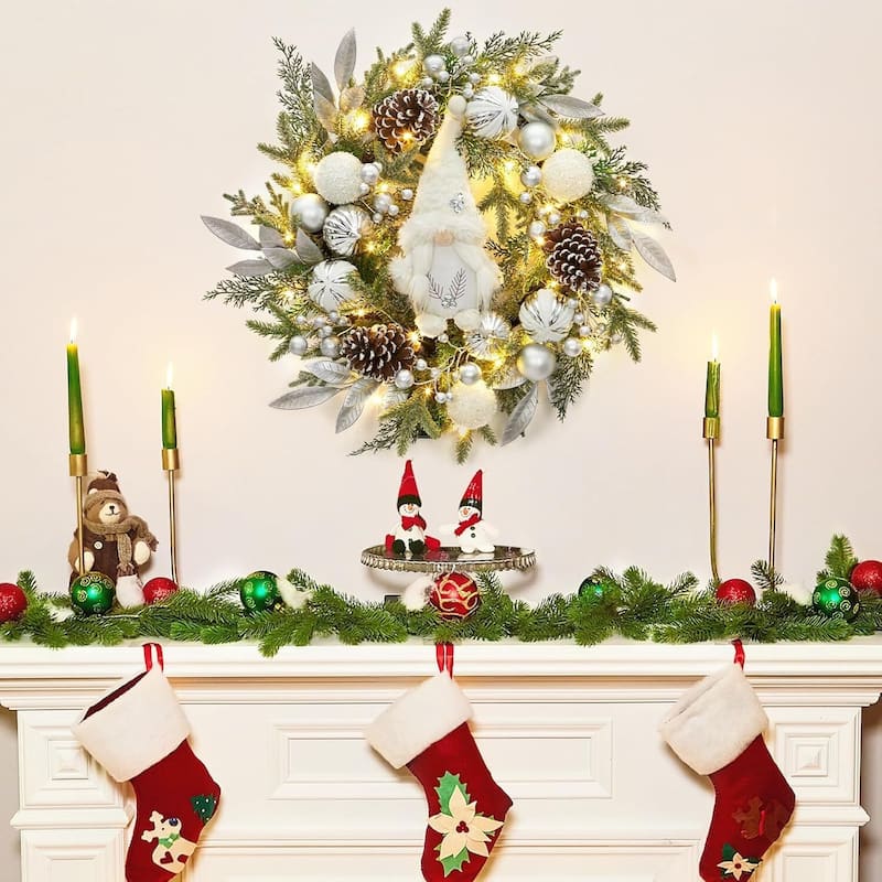 22" Pre-Lit Silver White Christmas Wreath for Front Door - N/A