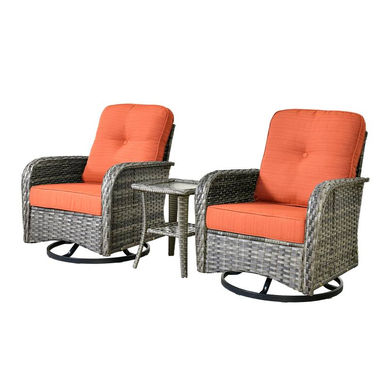 HOOOWOOO 3-piece Grey Wicker Patio Swivel Rocking Chair Set