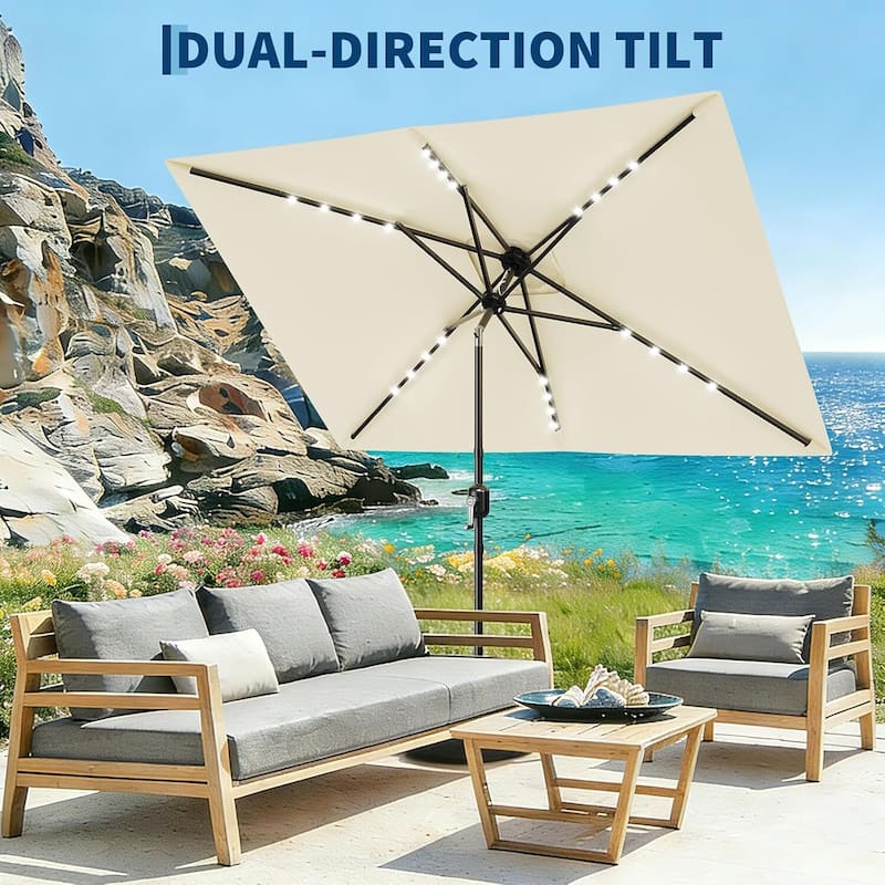 10' x 6.5' Solar Patio Umbrella with Crank and Push Button Tilt for Garden, Deck, Lawn, Pool with Lights (No Base)