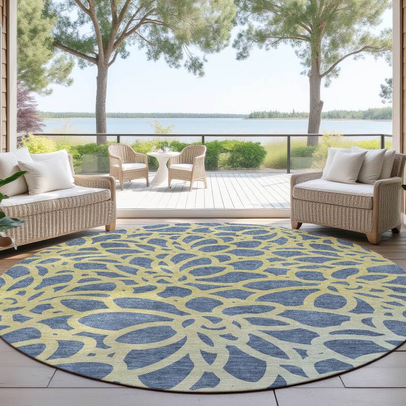 Machine Washable Indoor/ Outdoor Floral Craze Chantille Rug - Navy - 8' x 8'