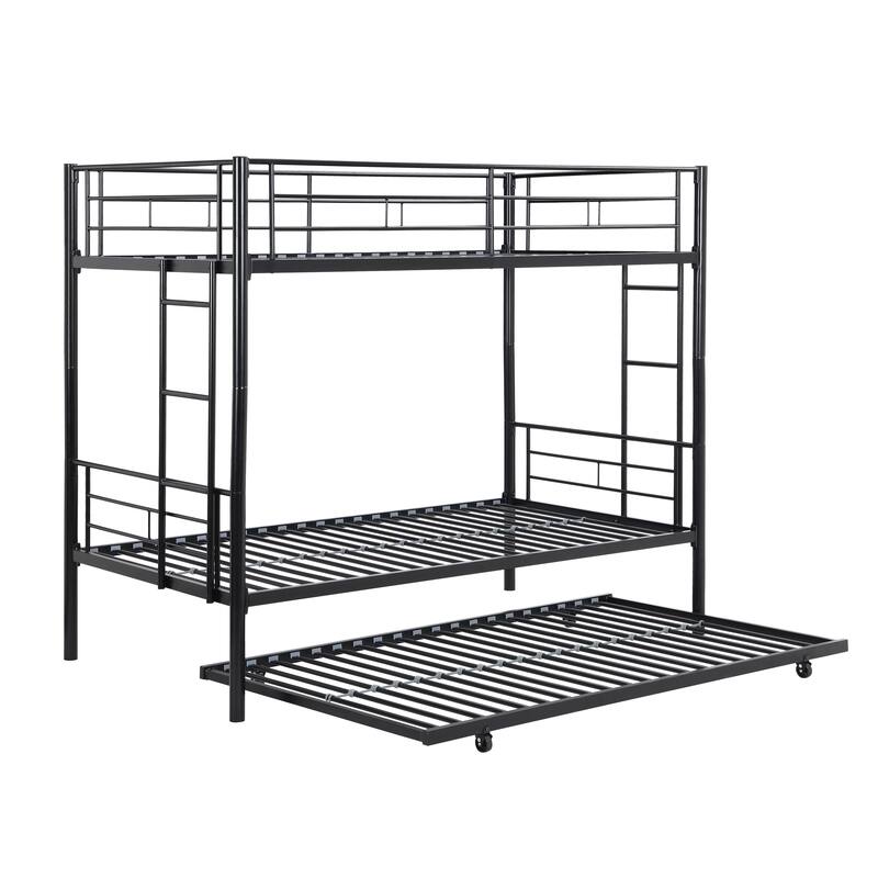 Space-Saving Twin Over Twin Metal Bunk Bed with Trundle, Black - Easy Assembly, No Box Spring Needed