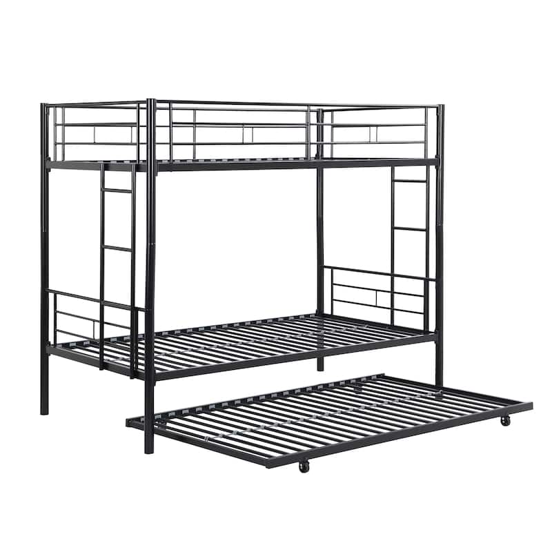 Twin over Twin Metal Bunk Bed with Trundle and Fence