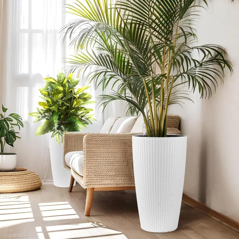 Faux Rattan Tall Planters Set of 2, Large Planters with Water Level Monitor Inner Bucket - White