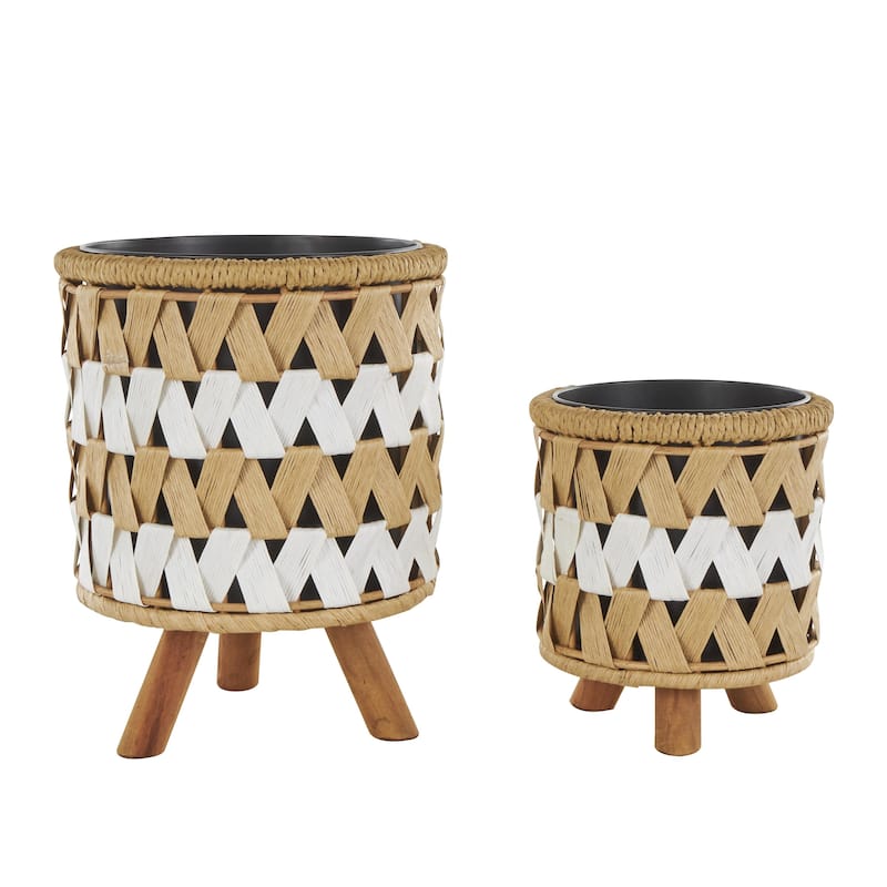 Jute Rope Geometric Handmade Woven Chevron Indoor Planter with Black Metal Pots - Set of 2 Brown - Roche River Decor