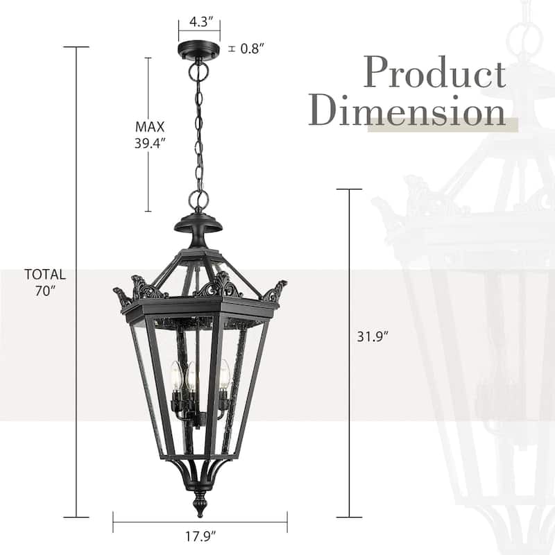 32 Inch Outdoor Pendant Ceiling Light with Seeded Glass, Taper Candle
