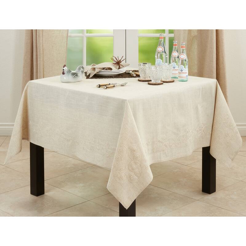 Embroidered Swirl Design Natural Linen Blend Tablecloth - 67 x 67