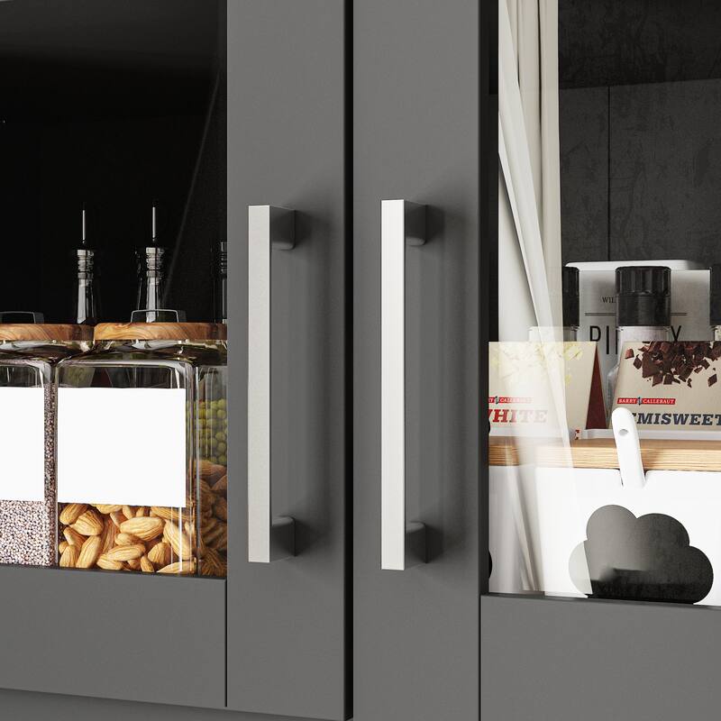 Grey Kitchen Cabinet: Ample Storage with Glass - door Display and Drawers Pantry Buffet