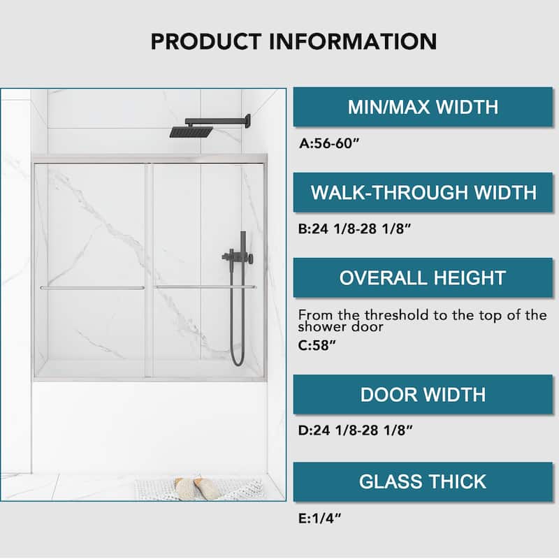 60'' x 58'' Double Sliding Tub Door in Chrome with Clear Tempered Glass
