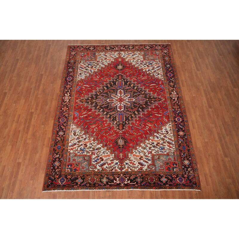 Hand Knotted Oriental 100% Wool Carpet Traditional Floral Red Heriz Area Rug - 11' 2'' X 8' 3''