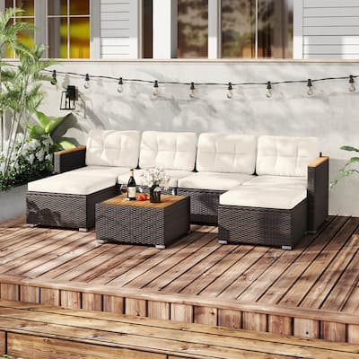 Costway 7 PCS Wicker Conversation Set with Seat & Back Cushions Wood - See Details