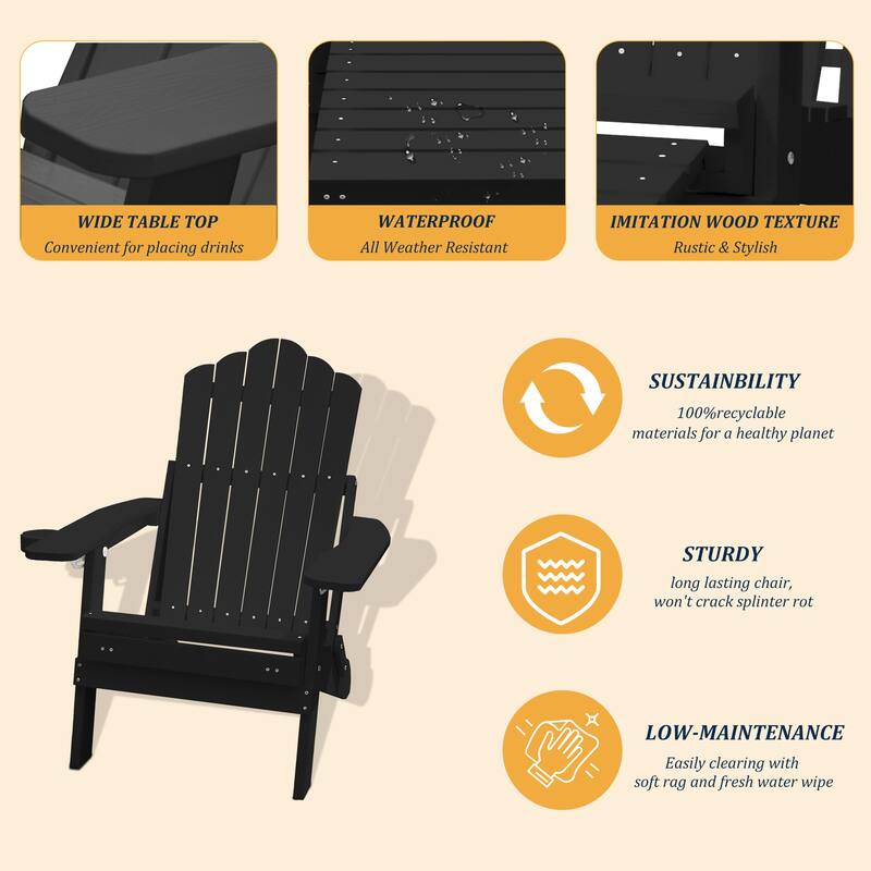 Clihome HIPS Folding Patio Adirondack Chair with Pull-out Ottoman