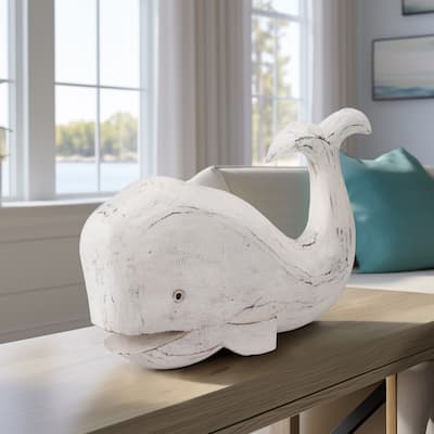 Sagebrook Home Coastal Albasia Wood 15-Inch Nautical Tail Up Whale Figurine - 15" x 3" x 9"
