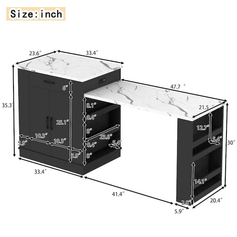 Anmytek Black Expandable Kitchen Island Cart with Marble Top - Rolling Kitchen Storage with Extendable Table and Spice Rack