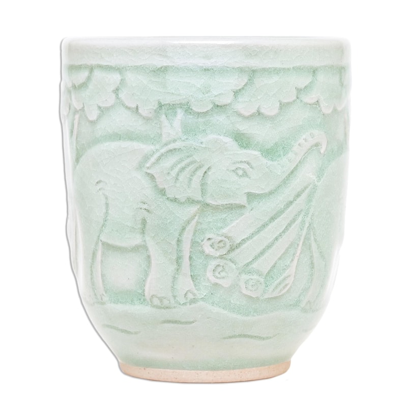 Novica Handmade Elephant Forest Celadon Ceramic Teacup Bed Bath
