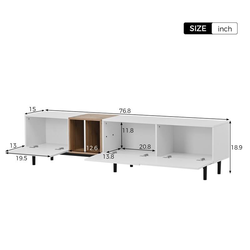 Modern TV Stand for 80'' TVs with 3 Doors, Concealed Storage and Pull-Down Cabinet Doors, for Living Rooms Bedrooms, White