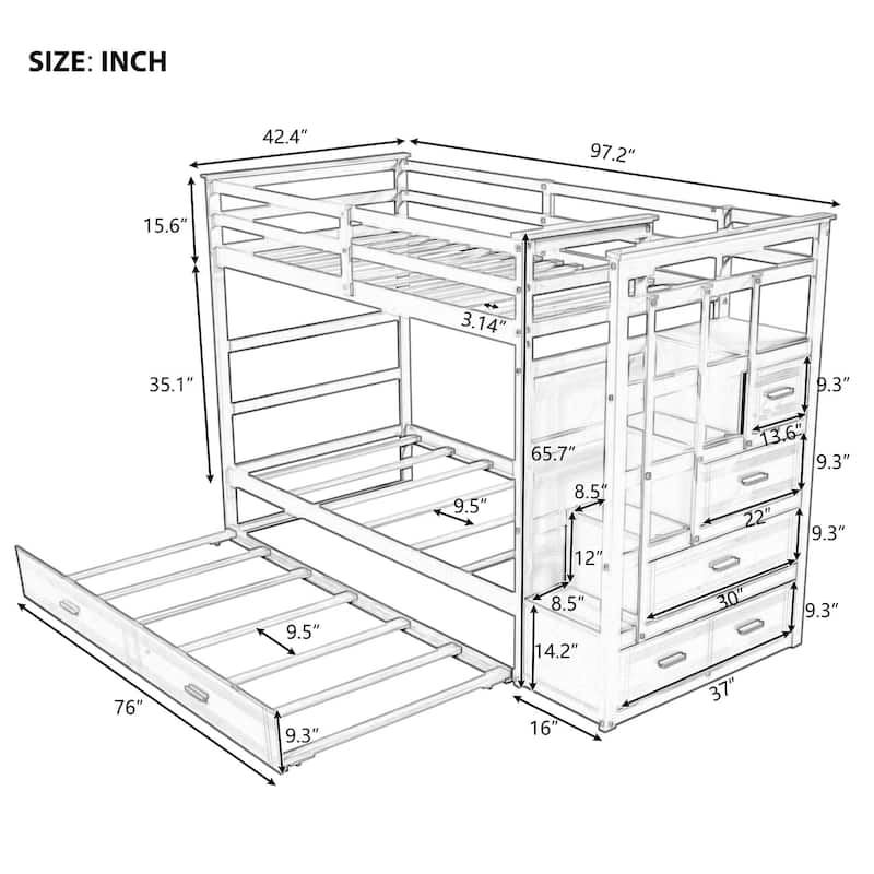 Twin Over Twin Bunk Bed with Trundle and Staircase