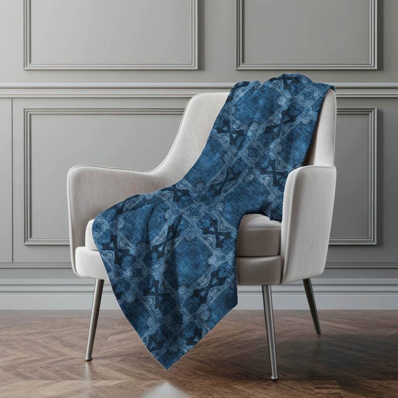 Premium Machine Washable Boho Moroccan Sherpa Throw Blanket - Navy - 4'2" x 5'10"