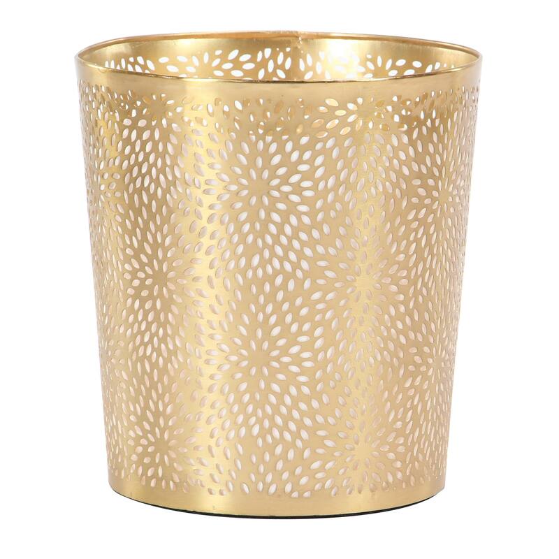 CosmoLiving by Cosmopolitan Gold Metal Small Waste Bin with Laser Carved Floral Design - 9 x 9 x 10