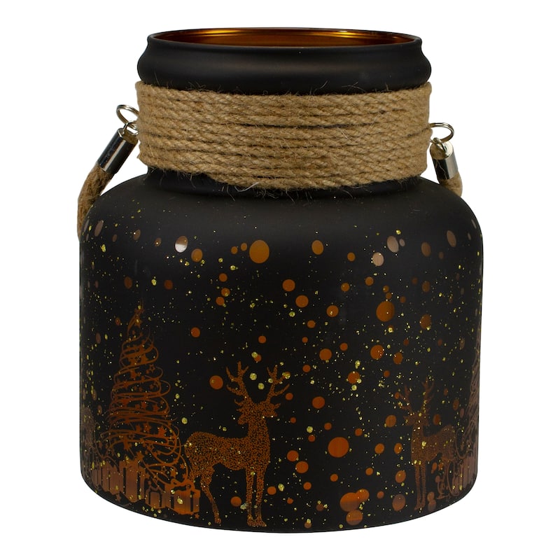 8" Gold Deer and Pine Trees Flameless Christmas Glass Candle Lantern