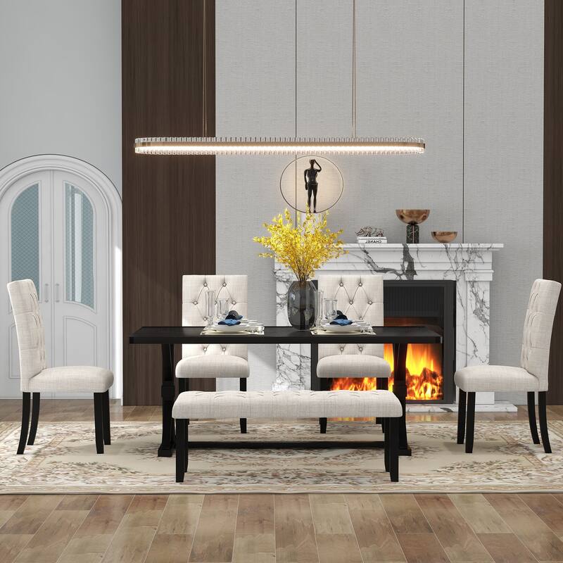 6-Piece Farmhouse Dining Table Set 72" Wood Rectangular Table, 4 Upholstered Chairs with Bench