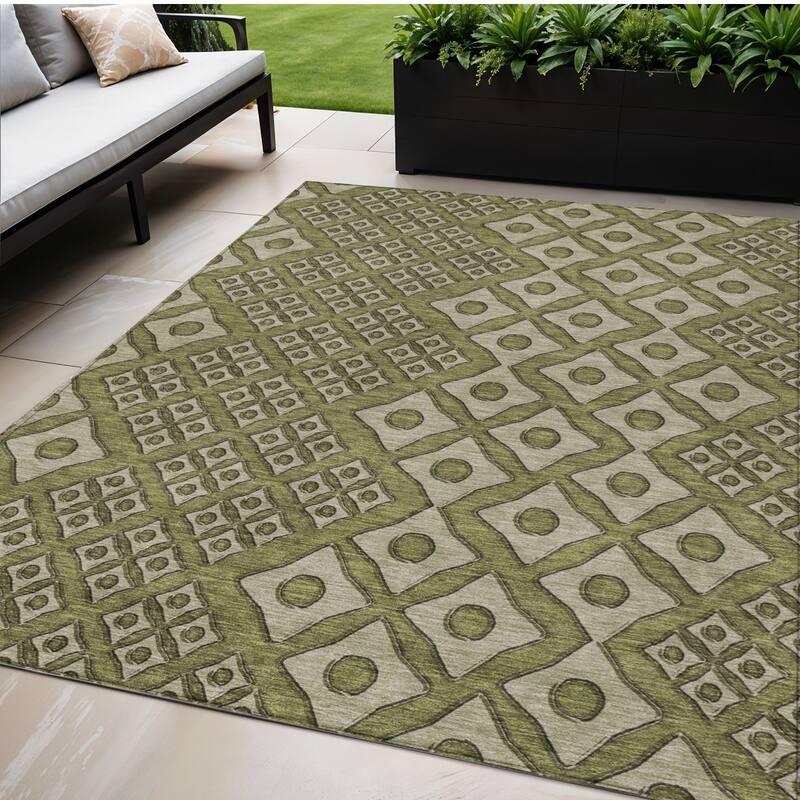 Olive Green And Gray Geometric Washable Indoor Outdoor Area Rug - 5' X 8' - 5' X 8' - Green/Grey