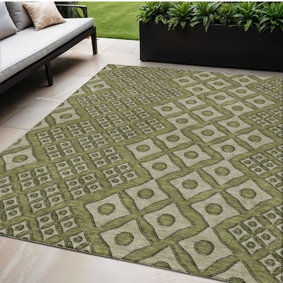 Olive Green And Gray Geometric Washable Indoor Outdoor Area Rug - 5' X 8'