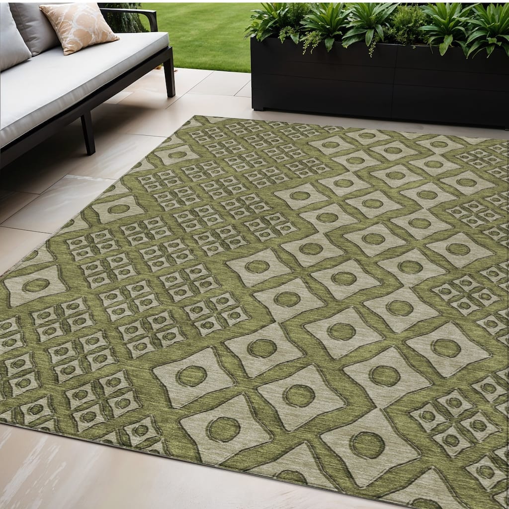 Olive Green And Gray Geometric Washable Indoor Outdoor Area Rug - 5' X 8'