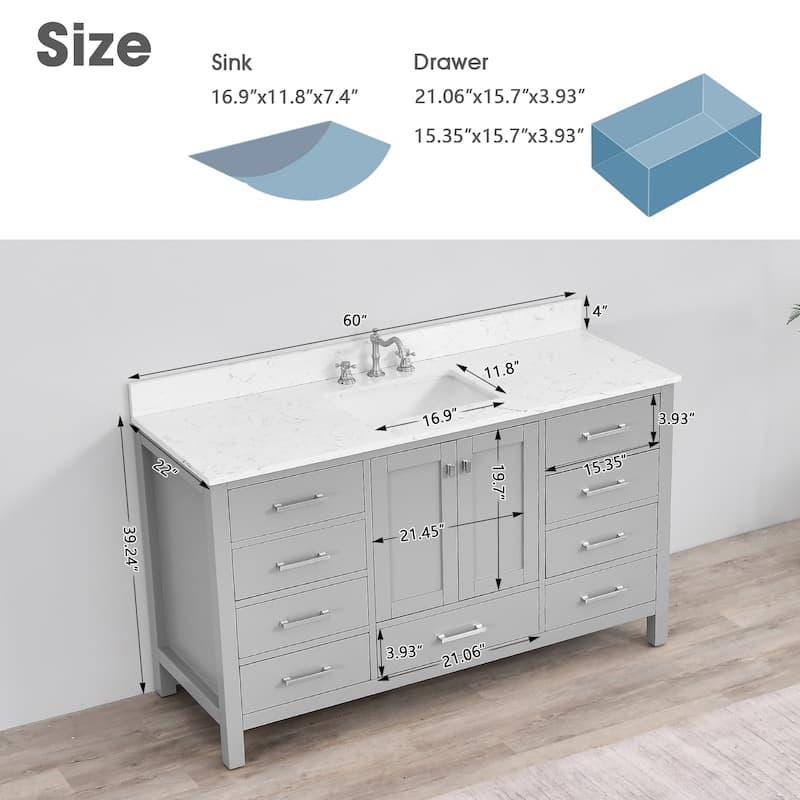 OpalithD 60 in. Bathroom Vanity with Single Sink, Wood Bath Cabinet with Top