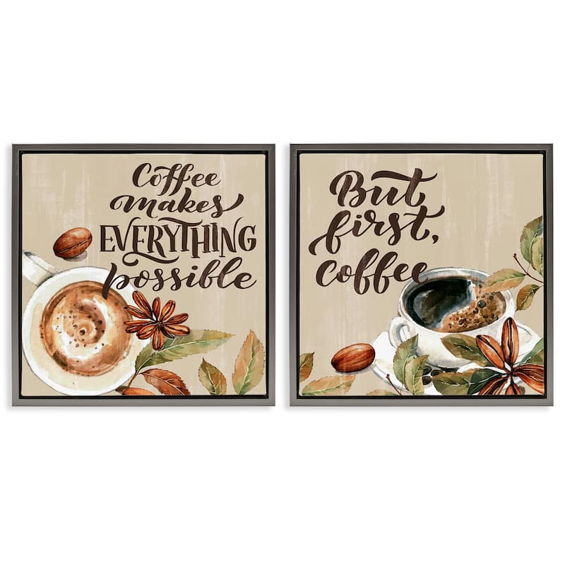 Stupell Morning Coffee Classic Phrases Framed Floater Canvas Wall Art Design By Kim Allen (Set of 2) - 18 x 18 - Grey