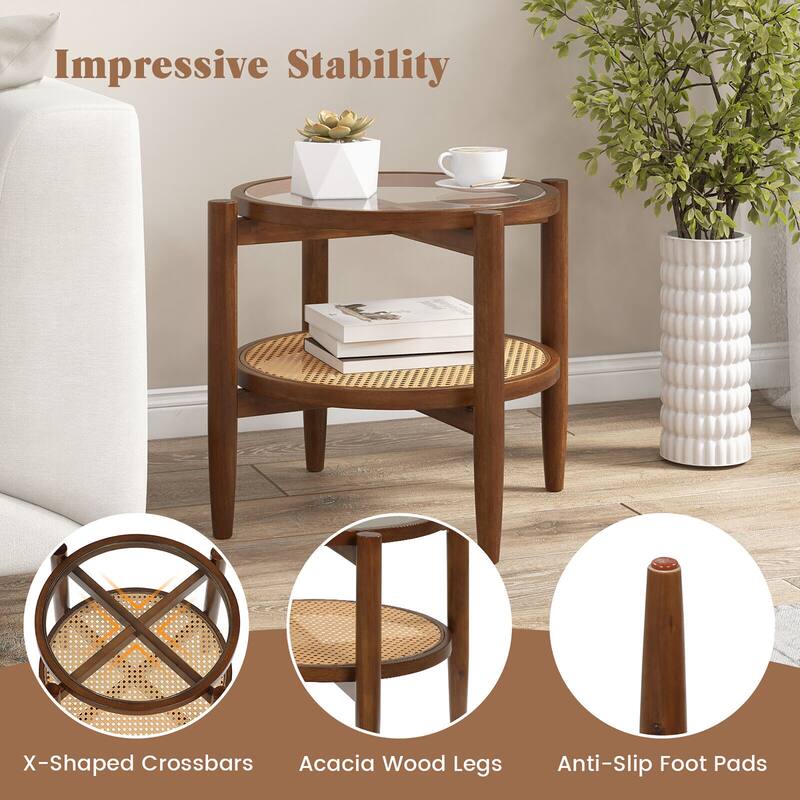 Gymax 2 PCS 2-Tier Round Side End Table PE Rattan Nightstand Tempered