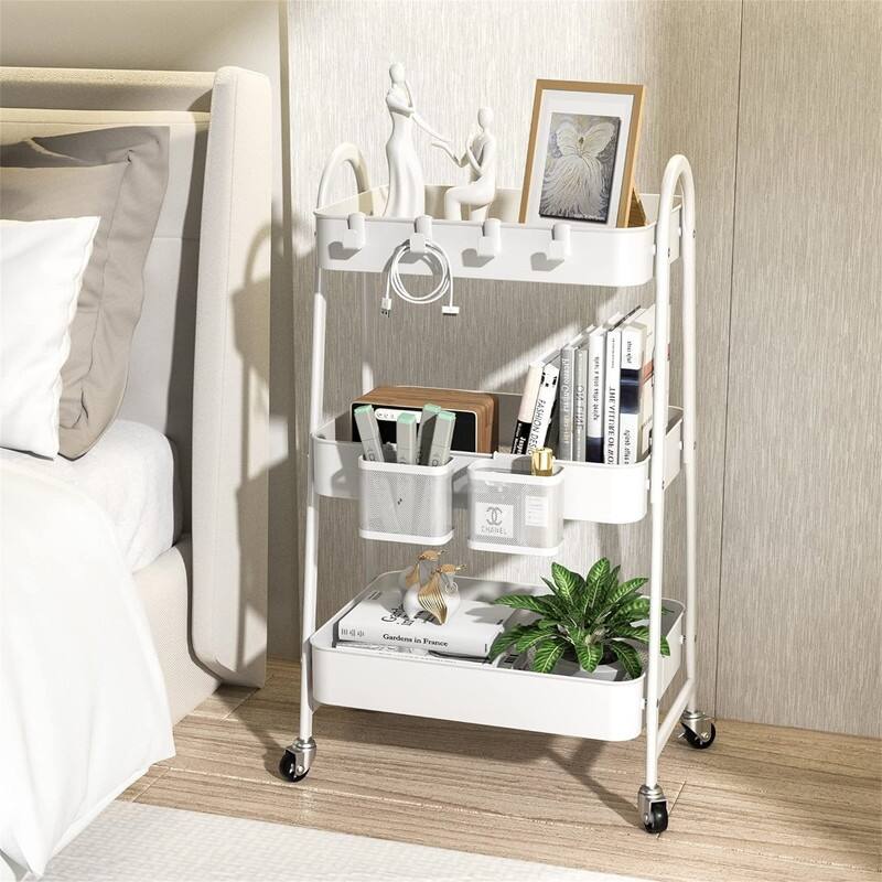 Tier Rolling Cart Metal Rolling Storage Cart with Handle and Lockable Wheels - 12.05"D x 17.52"W x 31.26"H - White With Basket and Hooks
