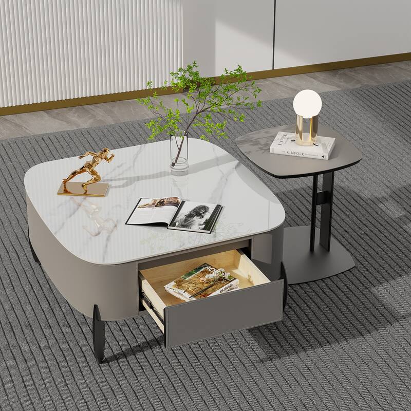 Rounded Square Sintered Stone Coffee Table Microfiber Saddle Leather - 32"