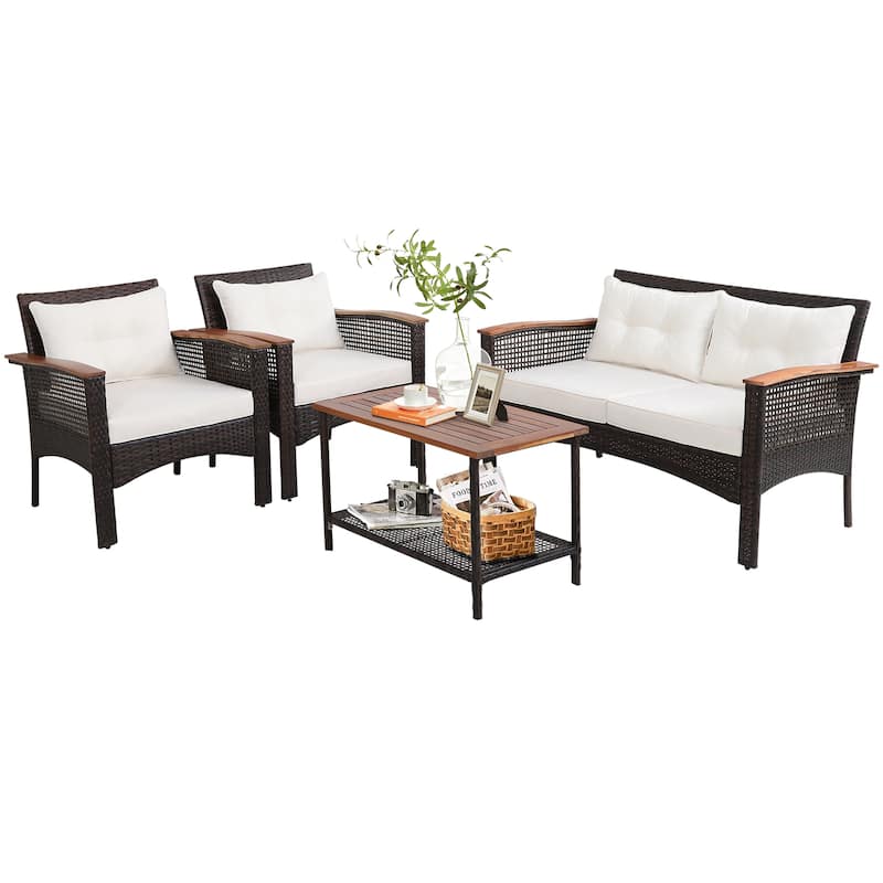 4PCS Patio Rattan Acacia Wood Furniture Set Cushion Sofa Armrest Deck