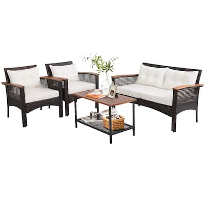 4PCS Patio Rattan Acacia Wood Furniture Set Cushion Sofa Armrest Deck