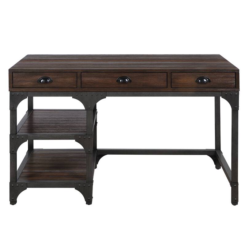 Modern 3-Drawer Writing Desk with Iron Base and Open Storage Compartments for Office or Study Room Organization