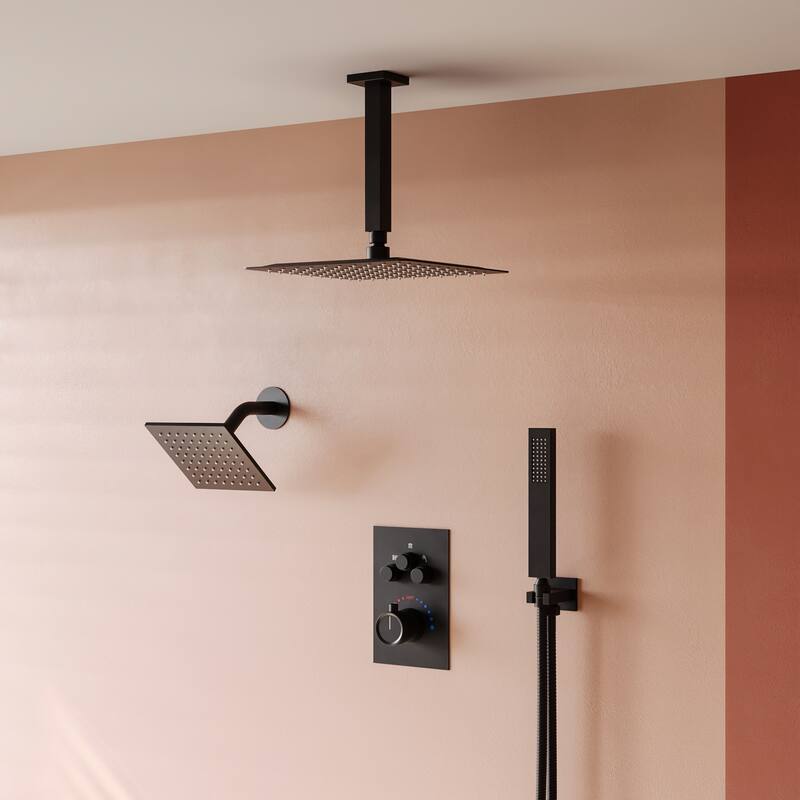Dual Heads 12" Rainfall Shower head & High Pressure 6" Shower System w/ 3 Way Thermostatic Faucet