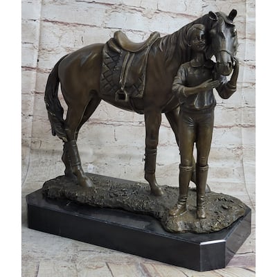 Equestrian Little Girl Child W/ Horse Bronze Statue Sculpture Figurine 11 Inches X 12 Inches