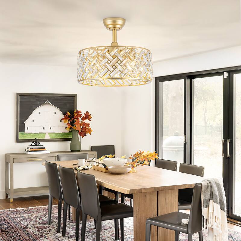 18" Crystal Cage Ceiling Fan With Remote Control ,Quiet Motor Fan Light,Indoor Crystal Chandelier Ceiling Fan