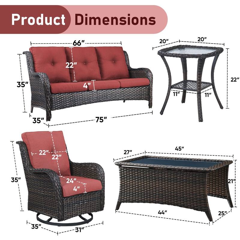 Pocassy 5 Pieces Outdoor 4 Inch Sofa Swivel Chairs Table