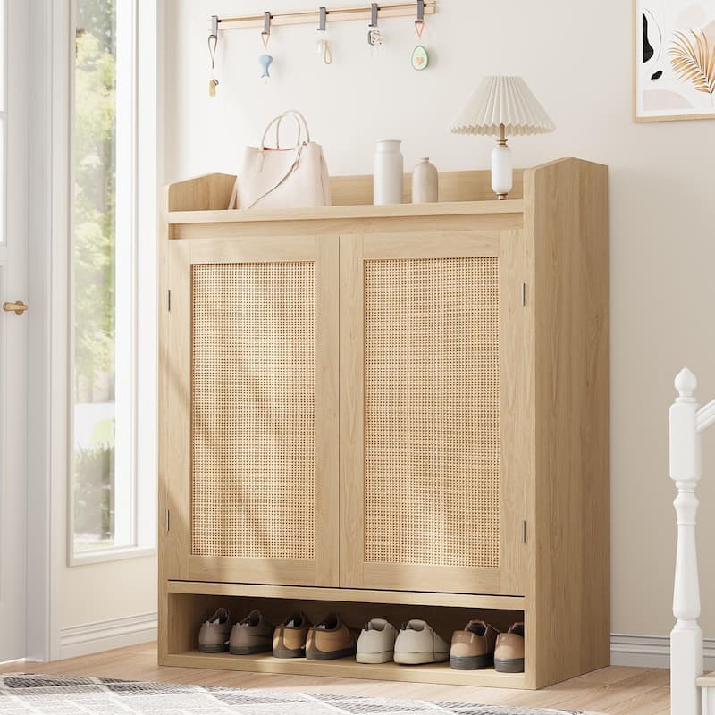 Rattan Shoe Cabinet with 2 Doors, 5-Tier Wooden Shoe Storage Organizer