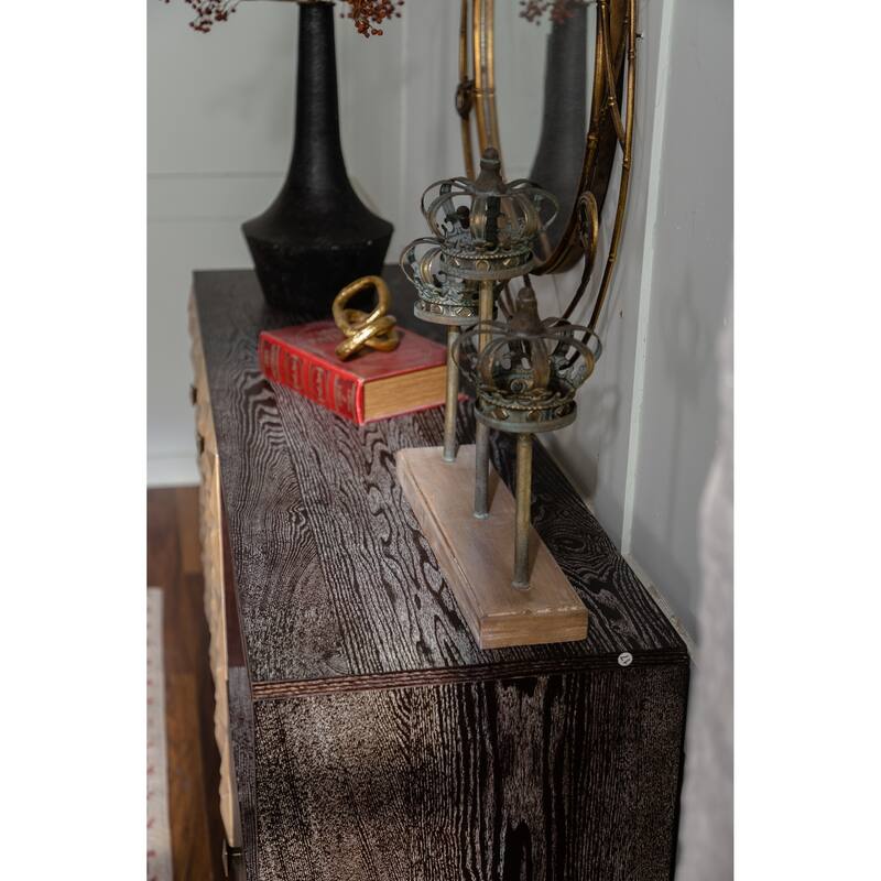 Roomfitters Modern Solid Wood Sideboard Cabinet, Geometric Pattern Storage Console with 2 Doors and Open Shelves, Natural