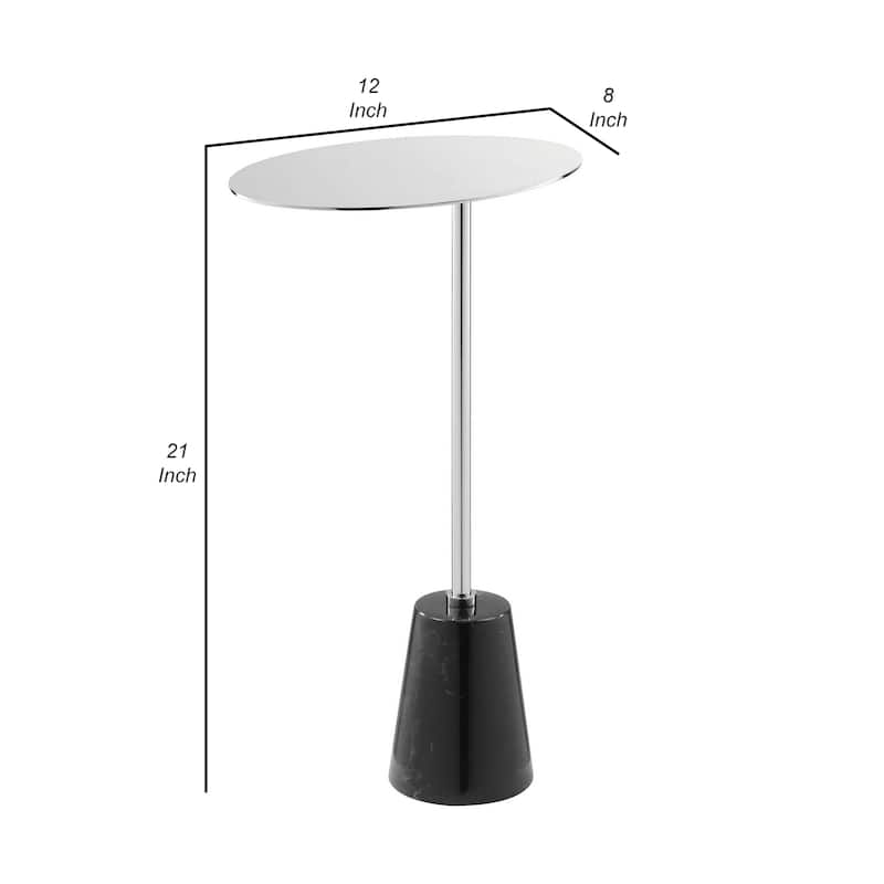 Frank 21 Inch Side End Table, Oval Chrome Steel Top, Genuine Marble Base