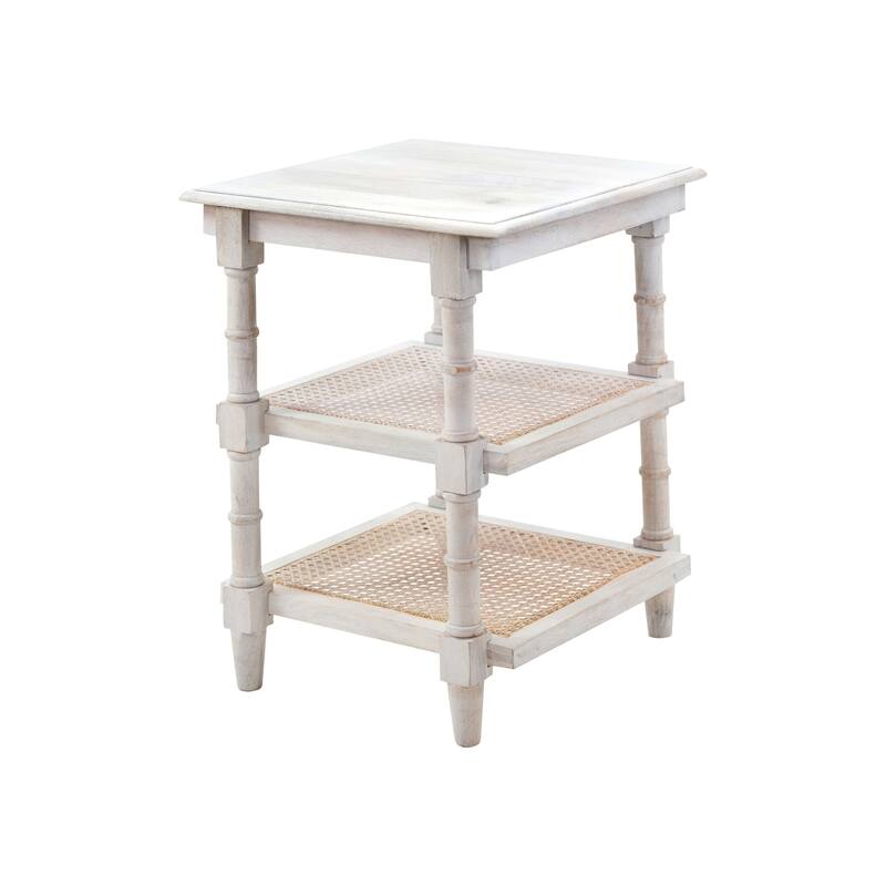 HomeRoots 24" Antiqued White Solid Wood End Table With Two Shelves - 18 in. x 24 in. x 18 in.
