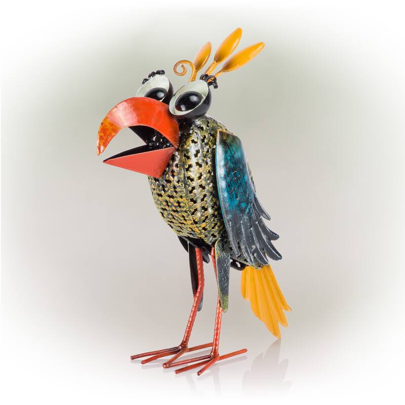 Alpine Corporation 12" Tall Outdoor Metal Wide-Eyed Bird Standing Yard Statue Decoration, Multicolor