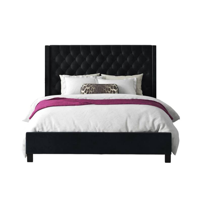 Velvet-like Fabric Upholstered Queen Bed with Wingback Headboard